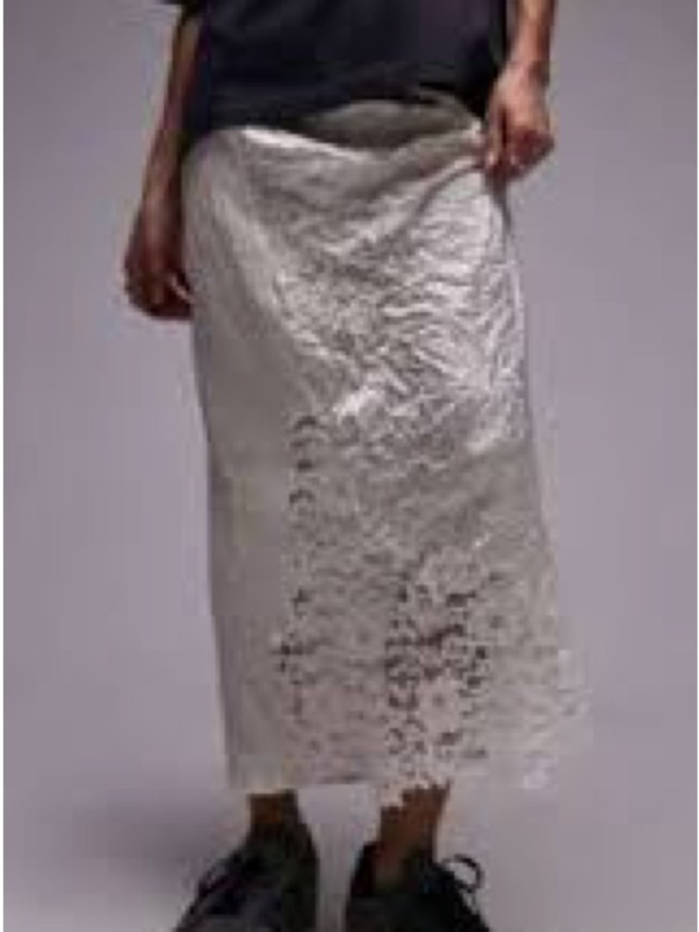 Topshop Crinkle Off White Ivory Satin Lace Patchwork Maxi Skirt Sheer Overlay